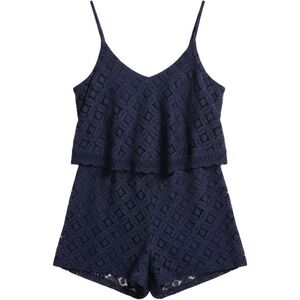 City Triangles Navy Blue Lace Romper Tiered Ruffle V-Neck Small RN 75010